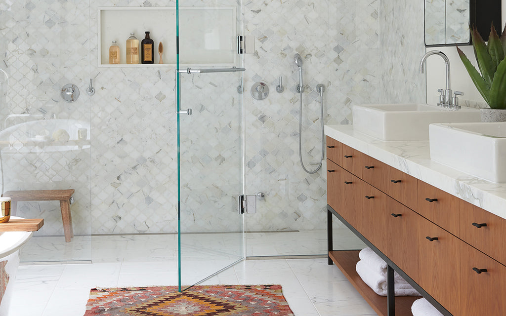 how to update a bathroom with beige tile
